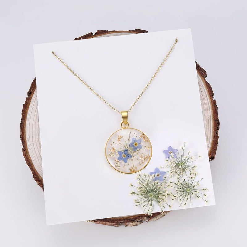 AUNTESIGN Store Forget-Me-Not and Queen Anne's Lace Pressed Wildflower Necklace | Birth Month Real Flower Necklace | Gold/Silver Pressed Flower Jewelry | Personalized Handmade Jewelry - Image 1